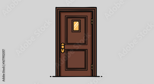 Stylized doorway illustration hinting at transition and domestic space entrance with a cartoon drawing style and brown wooden elements defining the