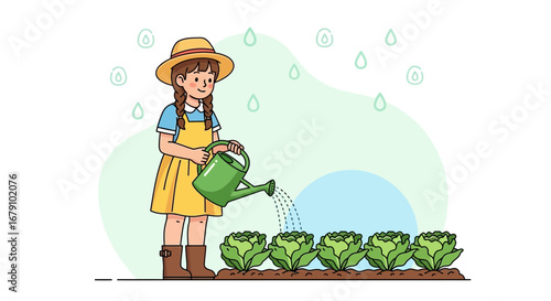 Young Girl Watering Garden Vegetables: Cultivating Fresh Produce and Nurturing Plants