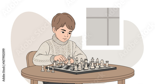 Young Strategist Contemplating His Next Chess Move During A Calm and Engaging Game