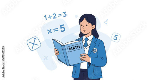 Young Student Concentrates While Reading Math Textbook, Solving Equations, and Learning