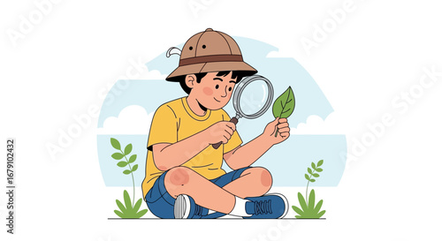 Young Investigator Studying Leaf With Magnifying Glass And Explorer Hat Outdoors