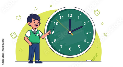 Young Student Explaining Time Measurement Concept With Clock Face Illustration