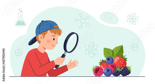 Young Investigator Examining Berries With Magnifying Glass For Scientific Curiosity