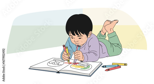 Young Kid Painting, Artistic Expression and Childhood Illustrated Activities in Home