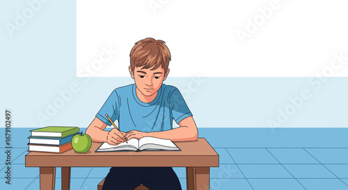 Young student focused on writing in his notebook with books and an apple at the desk