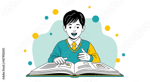 Young Student Joyfully Reading Book: Illustration of Education, Learning, and Enlightenment