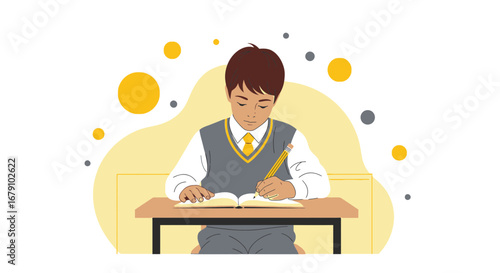 Young student in school uniform writing in a notebook at her desk studying hard at school