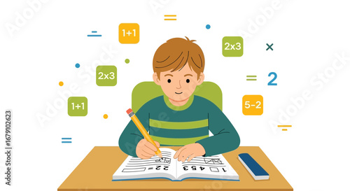 Young Student Joyfully Solving Arithmetic Problems While Studying Mathematics Actively