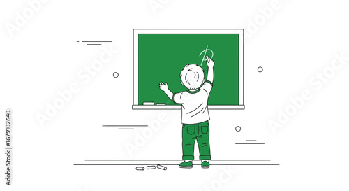 Young Student Learns Alphabet And Writes On Blackboard In The Schoolroom