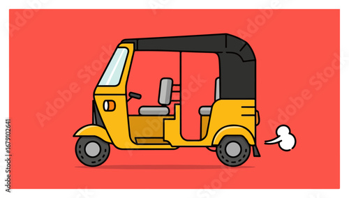 Yellow Auto Rickshaw Illustration on Red Background.