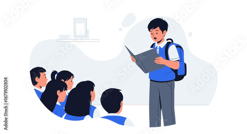 Young Student Reading Aloud To Classmates In A Classroom, School Education Illustration