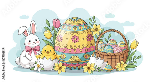 Whimsical springtime cheer: A vibrant Easter tableau featuring a bunny, chick, decorated eggs and pastel florals