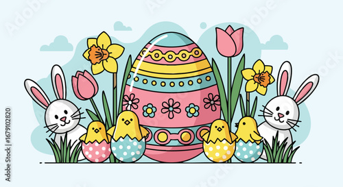 Delightful easter spring illustration featuring decorated egg, chicks, bunnies and colorful flowers offering joyful celebration perfect for greeting