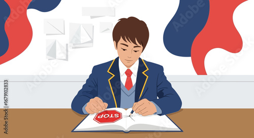 Young Student Redefines Symbols Writing And Drawing On A Page At His Desk