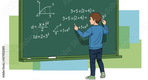 Young Student Solves Mathematical Equations On A Chalkboard In A Classroom Environment