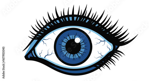 Vibrant azure eye with stylized lashes conveys intense gaze, a captivating digital illustration with striking visual impact and anatomical focus