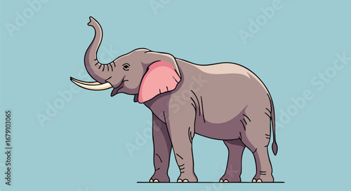 Majestic african elephant illustration with raised trunk against soft blue backdrop in cartoon style character design 65 characters