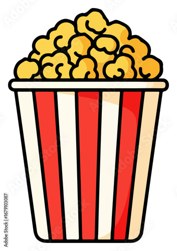 Classic striped popcorn bucket filled with delicious snack for movie night.