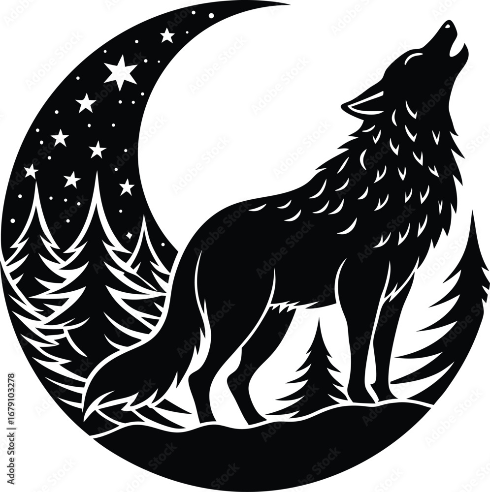 Obraz premium Majestic wolf howling at a full moon silhouette in vibrant colors