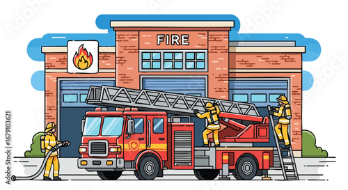 Emergency Responders and Fire Engine Cartoon Illustration Ready to Handle Situation