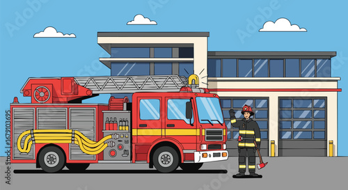 Vibrant illustration of a fire truck with a firefighter at station showcasing emergency preparedness and community service operations