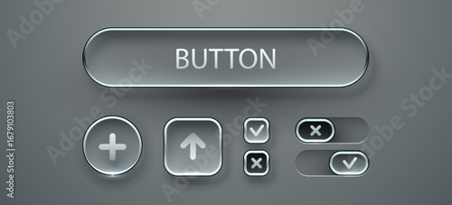 Modern glass button ui set. Modern liquid glass button set. Switch, toggle, radio button.