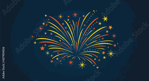 Stylized fireworks illustration on navy canvas showcases celebratory burst of color with golden star accents and energetic vibe