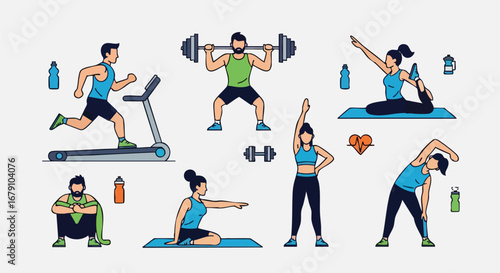 Diverse fitness activities collage presenting workout routines and healthy lifestyle including running, stretching and weightlifting exercises