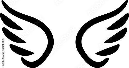 Pair of stylized black angel wings forms a graphic element perfect for conveying freedom, spirituality, or delicate design concepts.