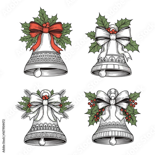 Vintage christmas bells with holly and festive bows decorative elements