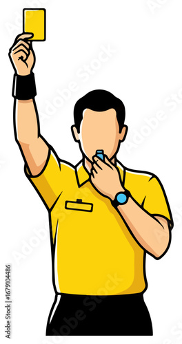 Soccer referee showing a yellow card cartoon illustration.