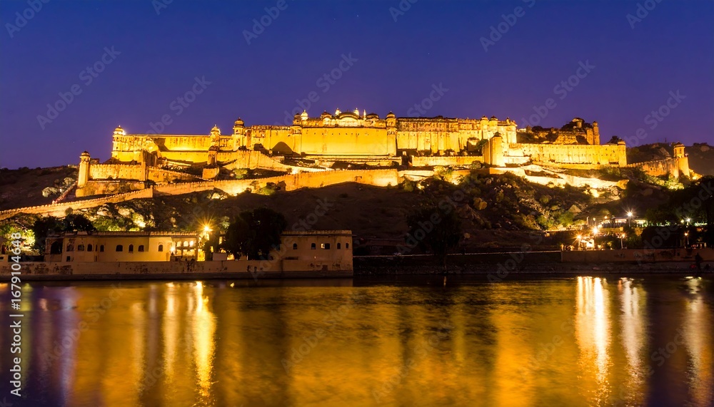 Obraz premium Illuminated fort at twilight, reflected in water