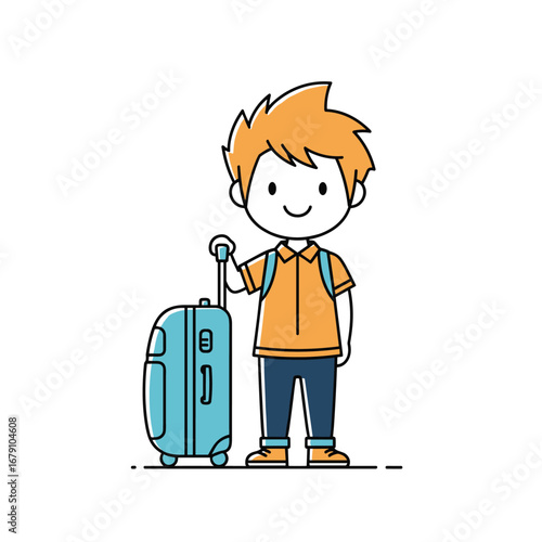 A happy young boy standing with his blue luggage ready for vacation and travel adventures