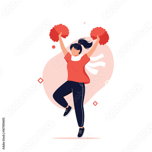 Energetic young woman cheerleader performing with pom-poms during a sporting event