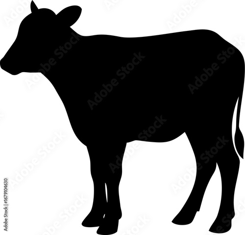 A simple black silhouette of a young calf, a farm animal, standing in profile against a white background.