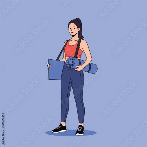 A young woman carrying her yoga mat and gym bag ready for a workout session