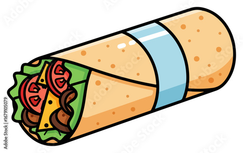 Cartoon Burrito Illustration - Delicious Mexican Food Wrap.