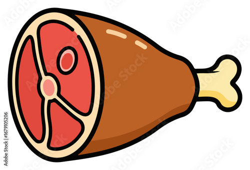 Cartoon illustration of a cooked ham leg, ready to be eaten.