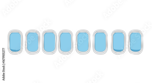Skyline Through the Airplane Windows: A Row of Open Views to the Light Blue Sky Illustrating Travel and Journey Aboard