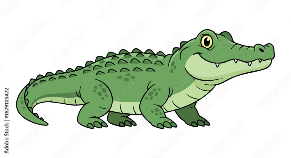 Fototapeta premium Friendly green cartoon alligator illustration with a toothy smile showcasing a playful reptile character with vibrant coloring and a jovial expression