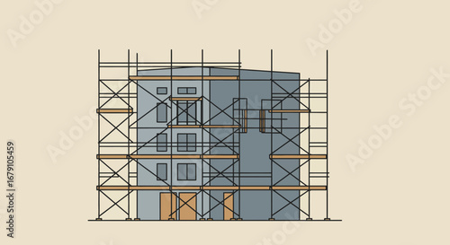 Modern Building Under Construction with Scaffolding.