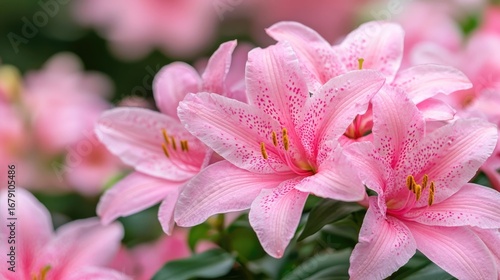Fototapeta Naklejka Na Ścianę i Meble -  Radiant pink lilies blooming in a lush natural garden landscape showcasing the beauty and vibrant colors of the flourishing flowers against a green foliage backdrop