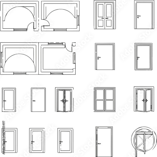 Create a set of door floor plan top view and side. Architectural kit of icons for interior project. Door for scheme of apartments. Construction symbol kinds of deferent vector art .