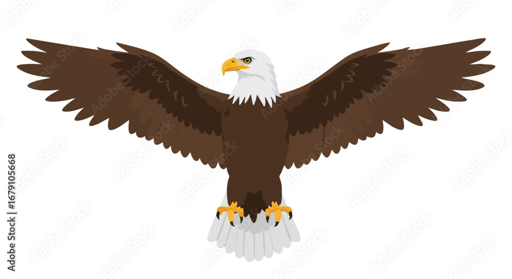 Fototapeta premium Majestic bald eagle soars with wings fully extended, embodying freedom, power, and independence in a stylized vector illustration portraying
