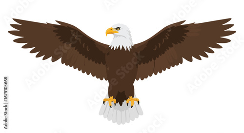 Majestic bald eagle soars with wings fully extended, embodying freedom, power, and independence in a stylized vector illustration portraying
