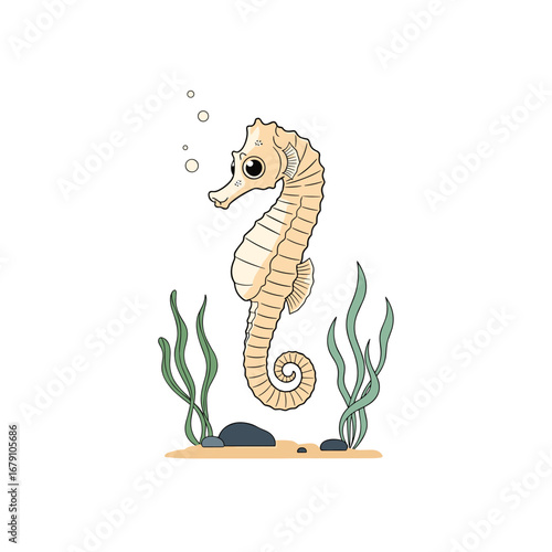 Adorable cartoon seahorse floating gracefully in the ocean with seaweed and pebbles