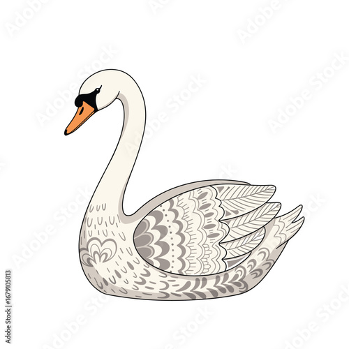 Elegant swan with intricate feather patterns gracefully floats on water