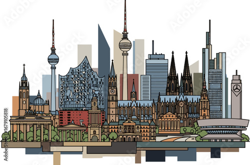 Isolated a City skyline Berlin, Hamburg, Munich, Cologne, Frankfurt am Main, Stuttgart, Panoramas of German cityscape horizon with abstract brutalism geometric pattern, detail urban city Vector art.