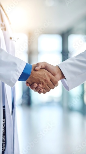 Two medical professionals shake hands in a hospital setting.  Close-up view of the handshake, with soft focus on the background
