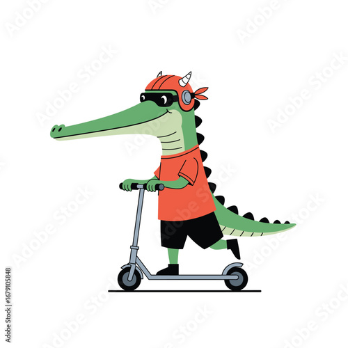 Cool green crocodile riding a scooter helmet and goggles ready for adventure